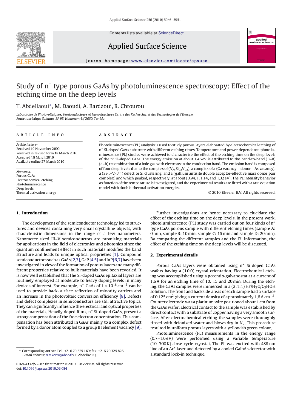 Study of n+ type porous GaAs by photoluminescence spectroscopy: Effect of the etching time on the deep levels