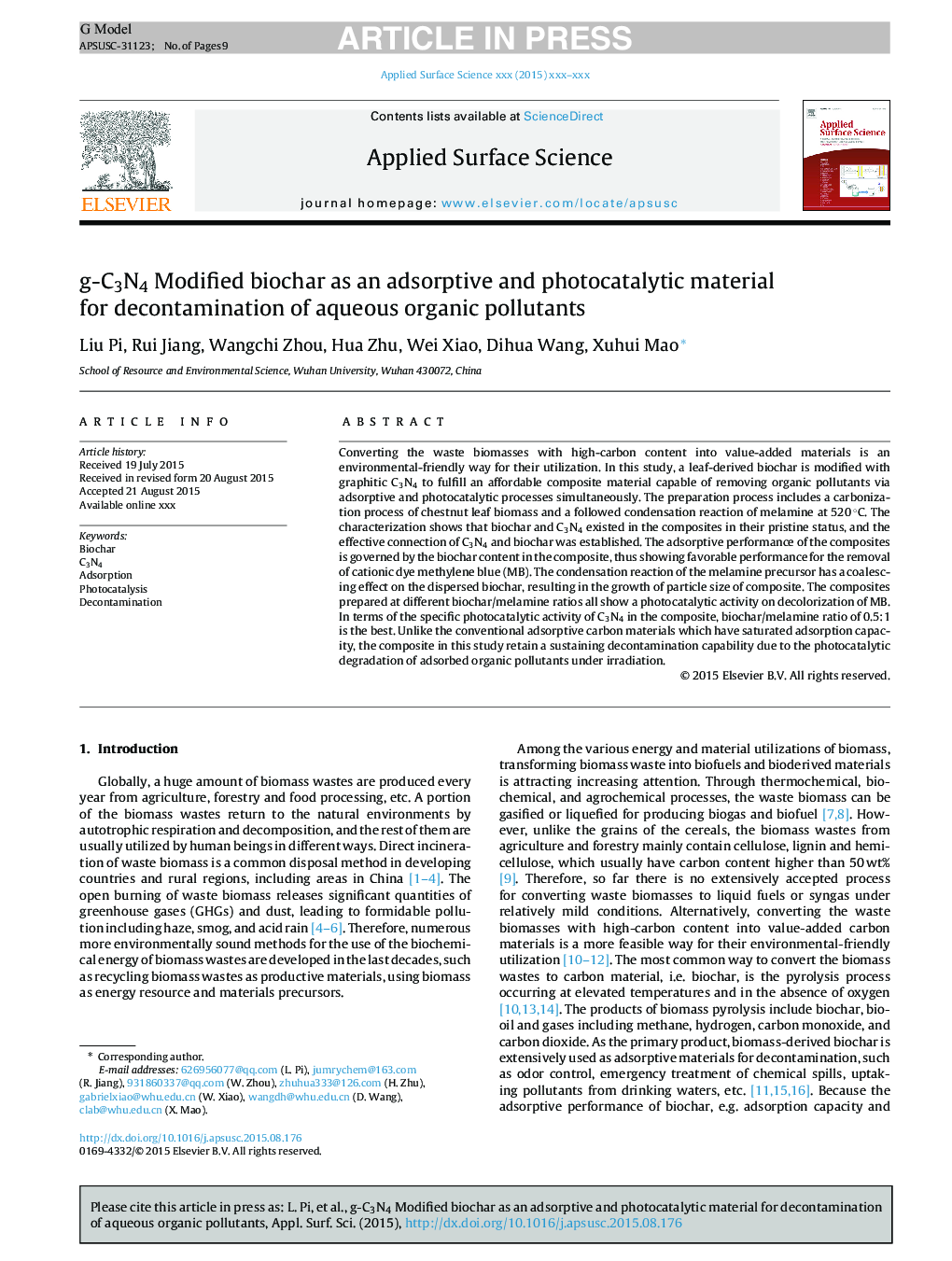 g-C3N4 Modified biochar as an adsorptive and photocatalytic material for decontamination of aqueous organic pollutants