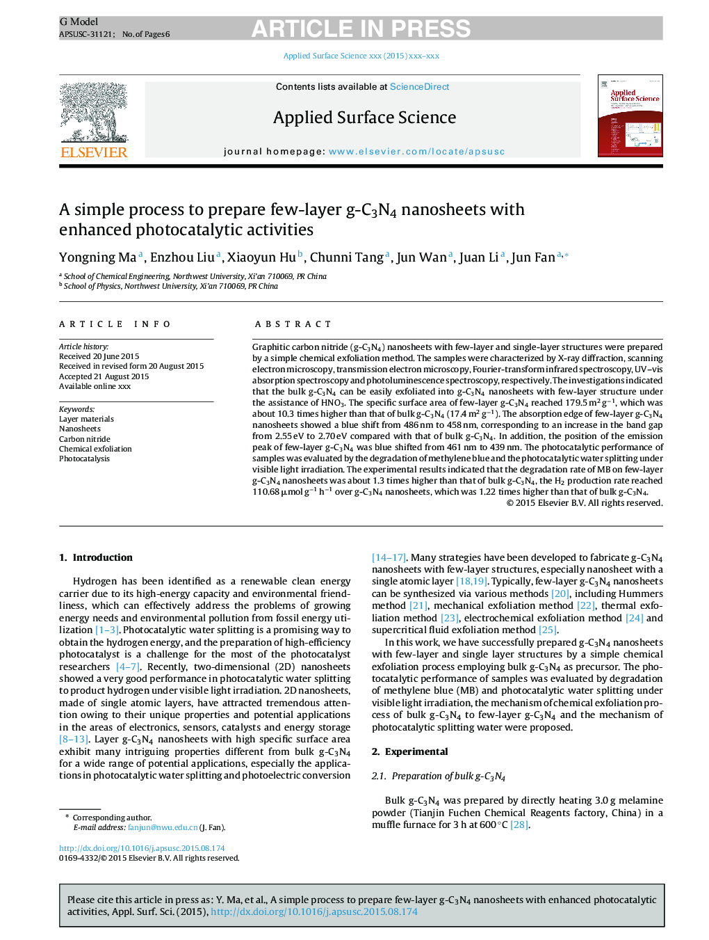 A simple process to prepare few-layer g-C3N4 nanosheets with enhanced photocatalytic activities