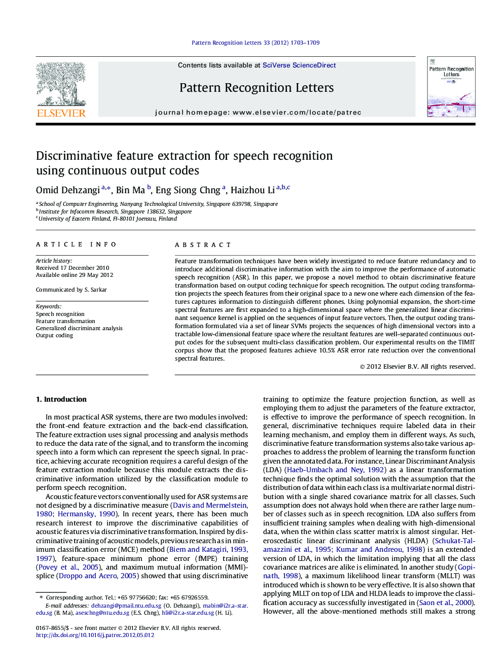 Discriminative feature extraction for speech recognition using continuous output codes