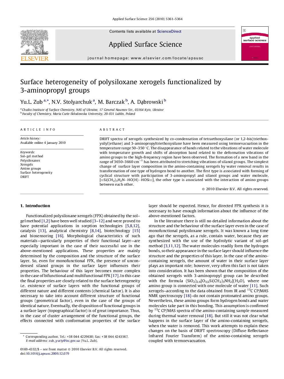 Surface heterogeneity of polysiloxane xerogels functionalized by 3-aminopropyl groups