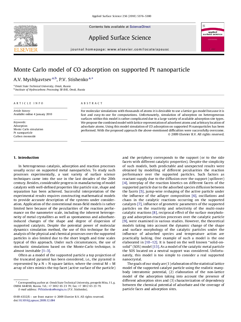 Monte Carlo model of CO adsorption on supported Pt nanoparticle