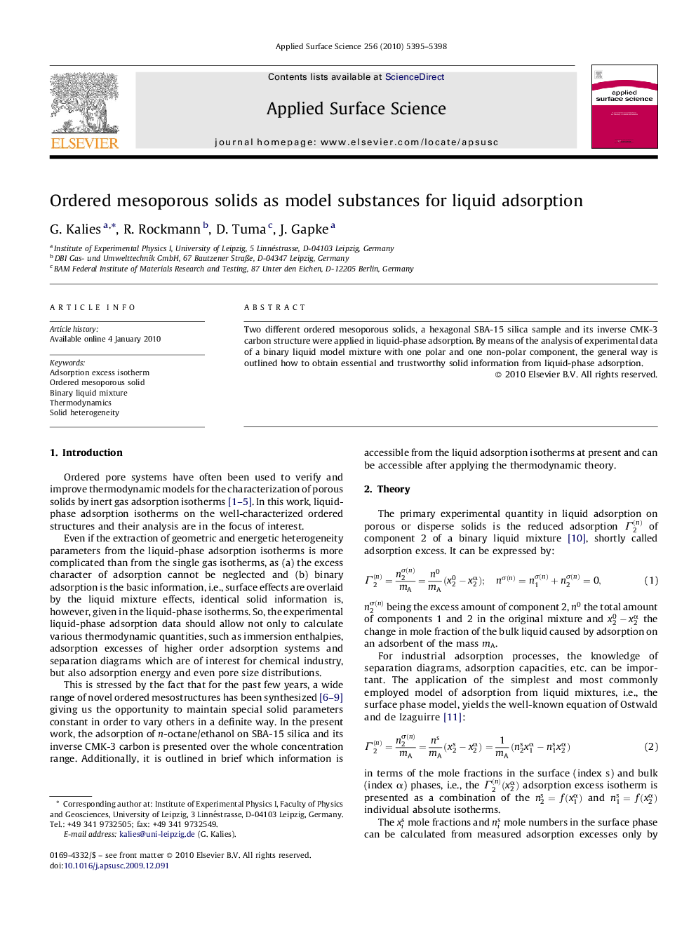 Ordered mesoporous solids as model substances for liquid adsorption