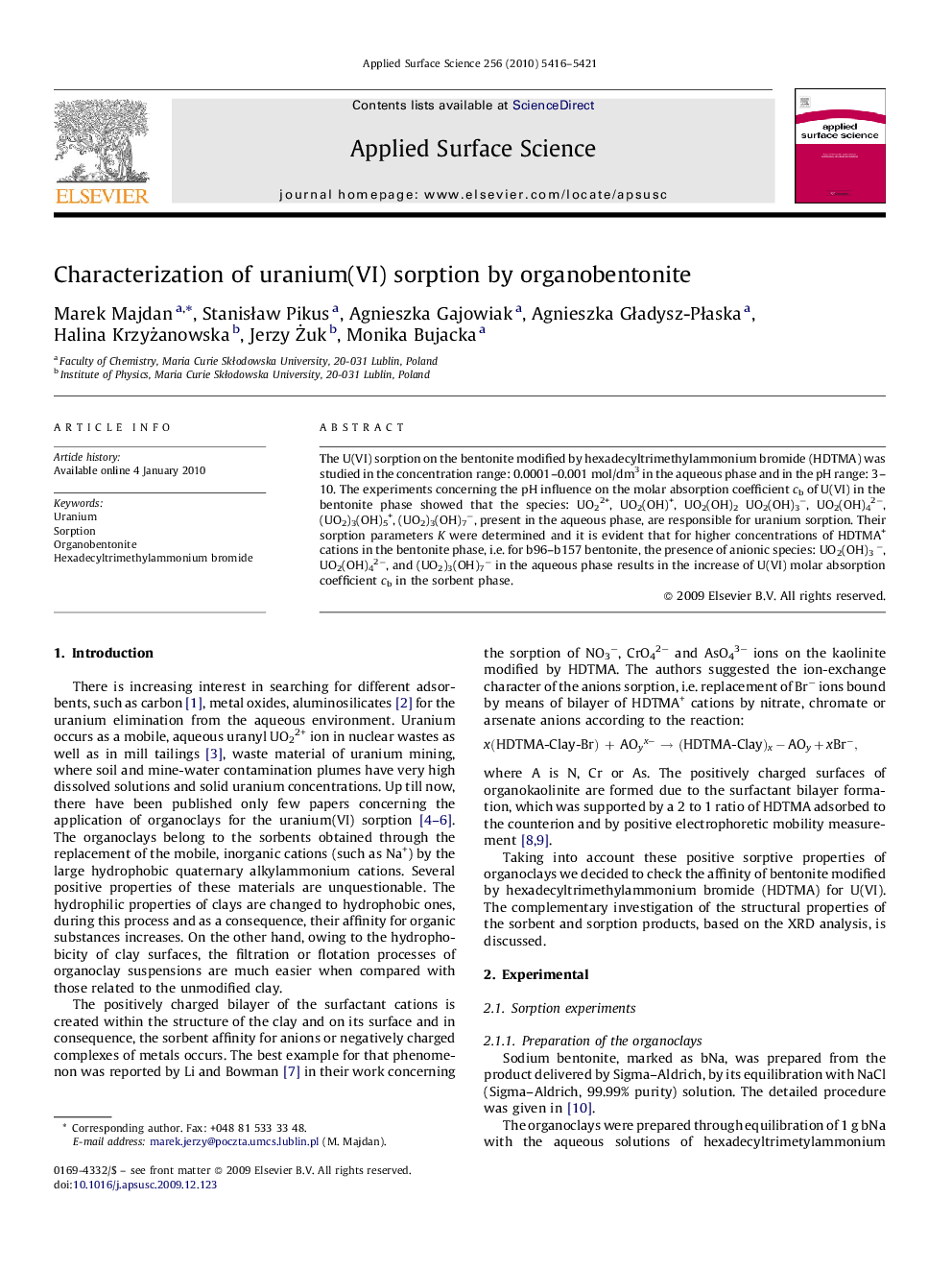 Characterization of uranium(VI) sorption by organobentonite