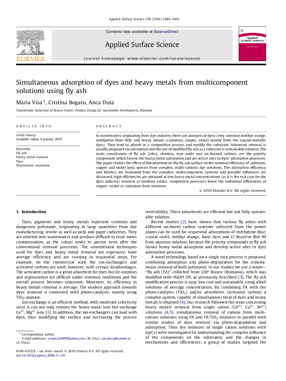 Simultaneous adsorption of dyes and heavy metals from multicomponent solutions using fly ash