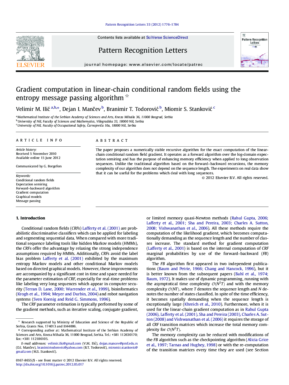 Gradient computation in linear-chain conditional random fields using the entropy message passing algorithm 