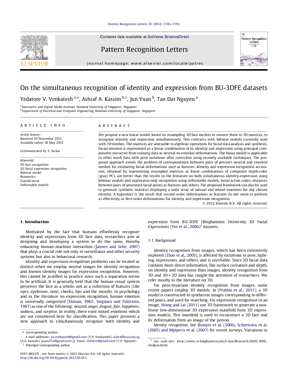 On the simultaneous recognition of identity and expression from BU-3DFE datasets