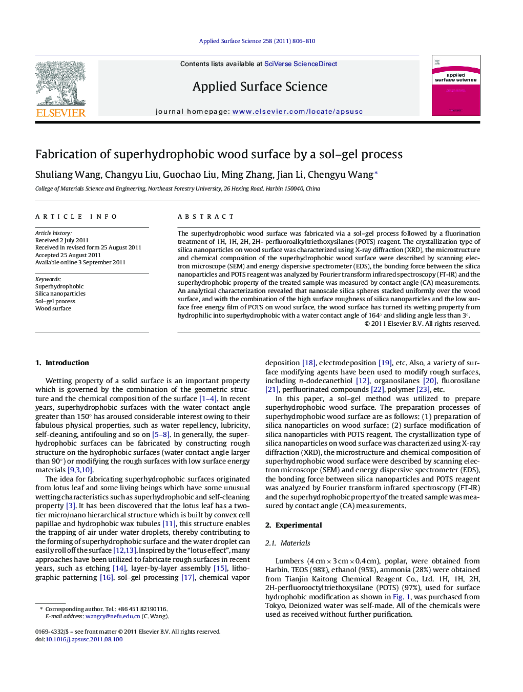 Fabrication of superhydrophobic wood surface by a sol-gel process