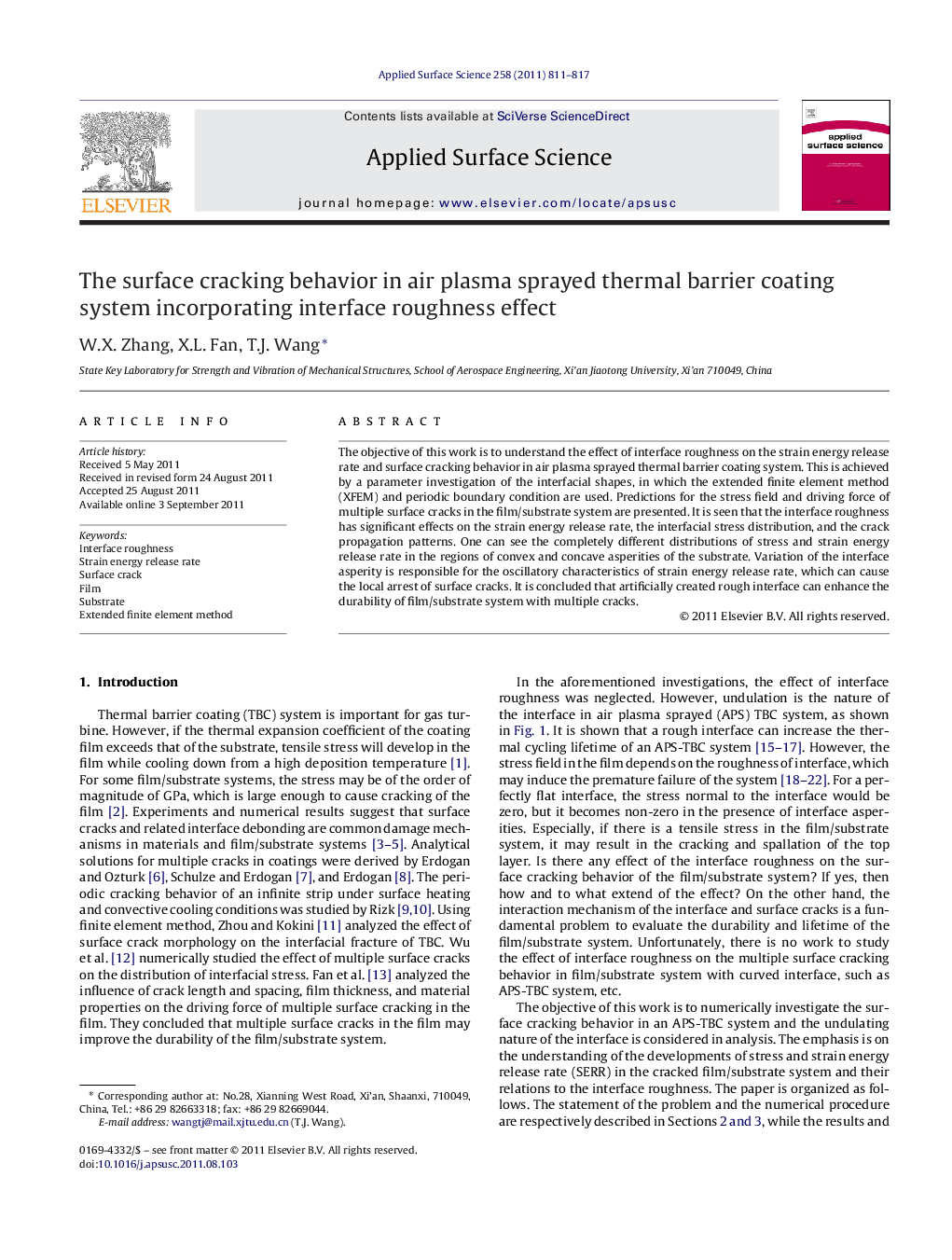 The surface cracking behavior in air plasma sprayed thermal barrier coating system incorporating interface roughness effect