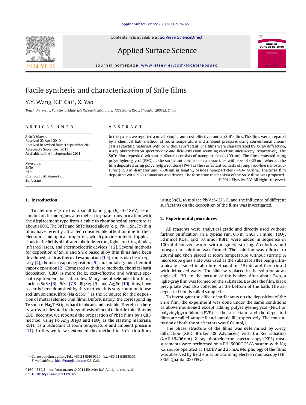 Facile synthesis and characterization of SnTe films