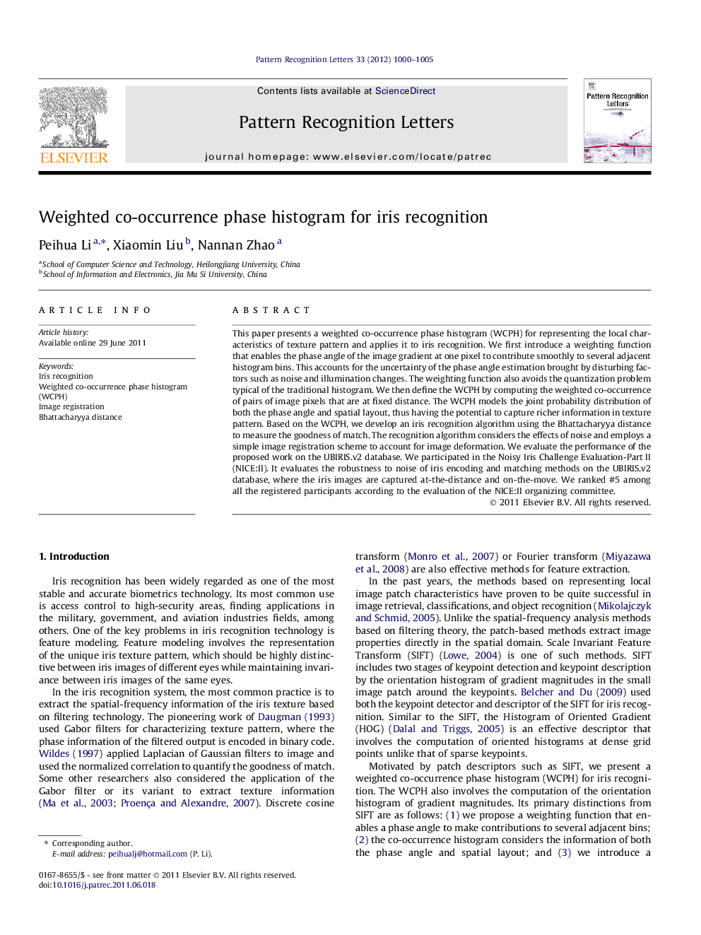 Weighted co-occurrence phase histogram for iris recognition