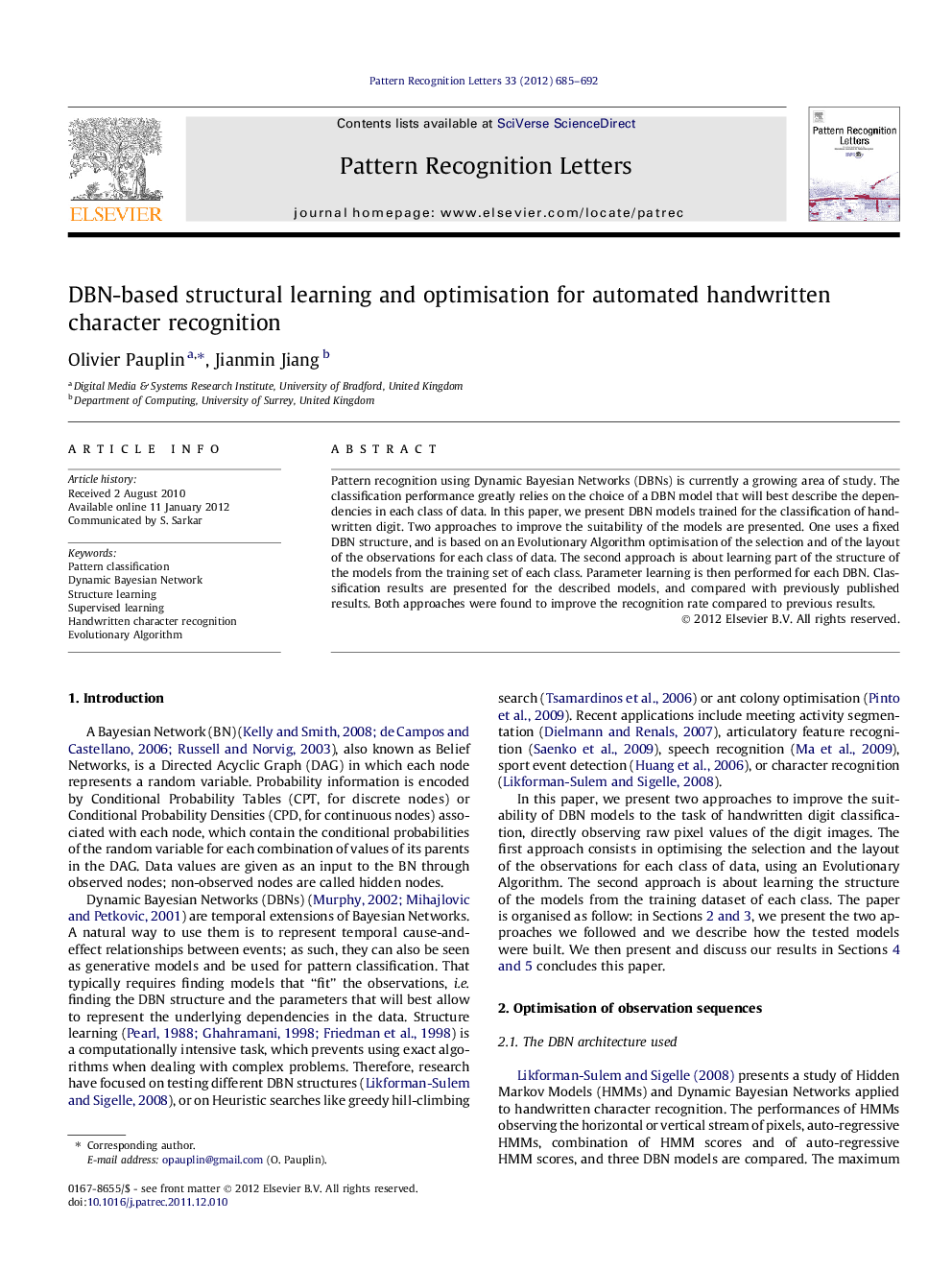 DBN-based structural learning and optimisation for automated handwritten character recognition