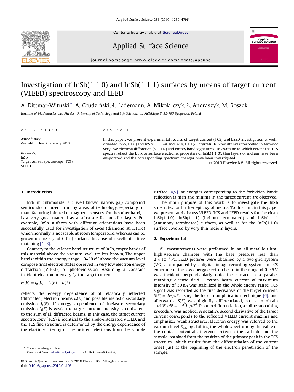 Investigation of InSb(1Â 1Â 0) and InSb(1Â 1Â 1) surfaces by means of target current (VLEED) spectroscopy and LEED