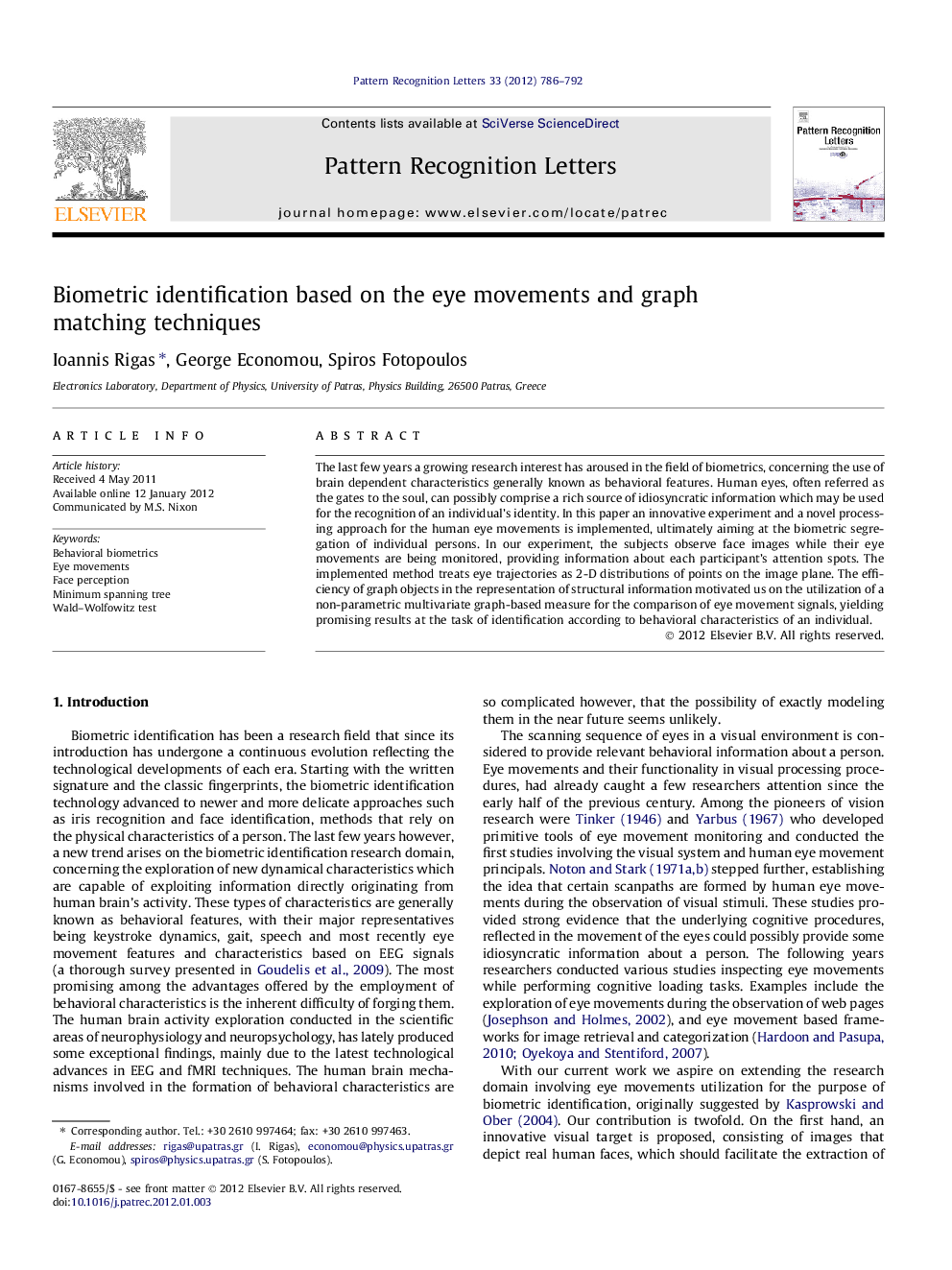 Biometric identification based on the eye movements and graph matching techniques