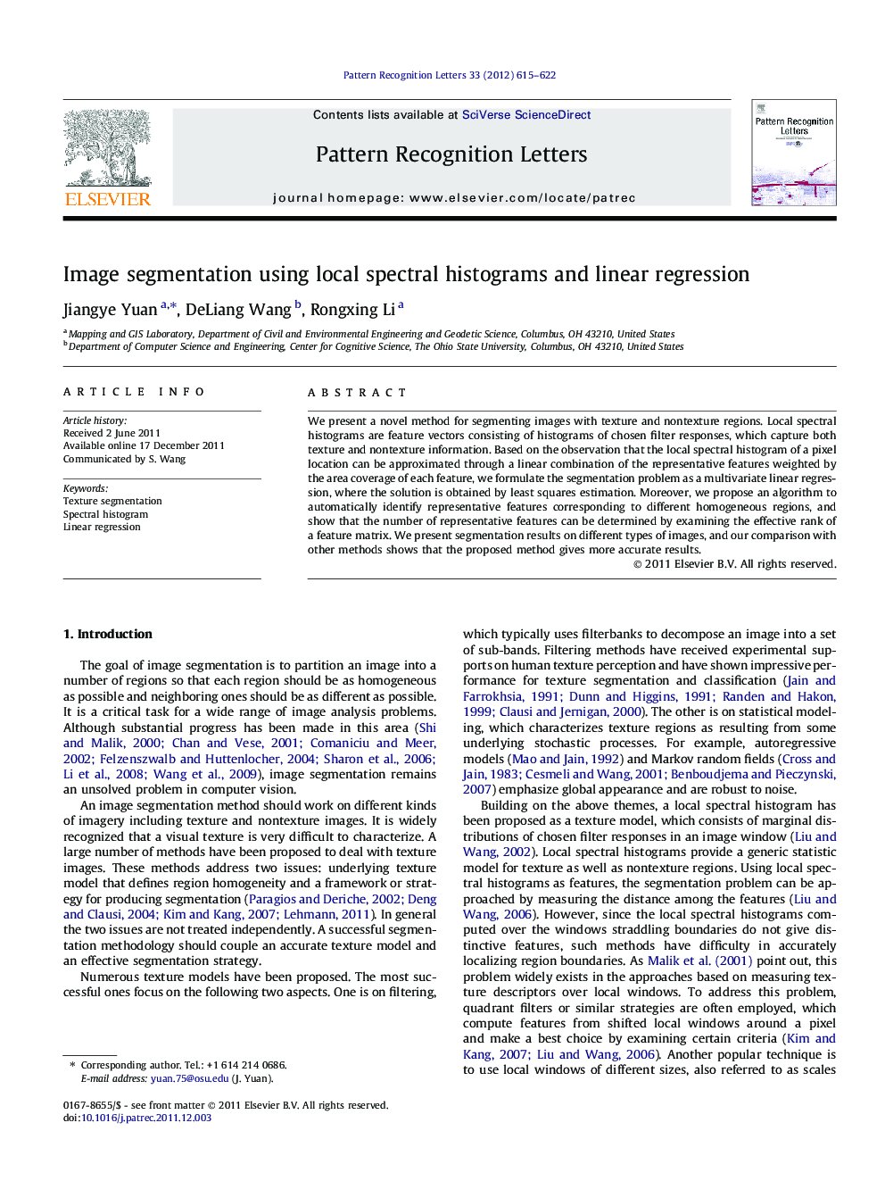 Image segmentation using local spectral histograms and linear regression