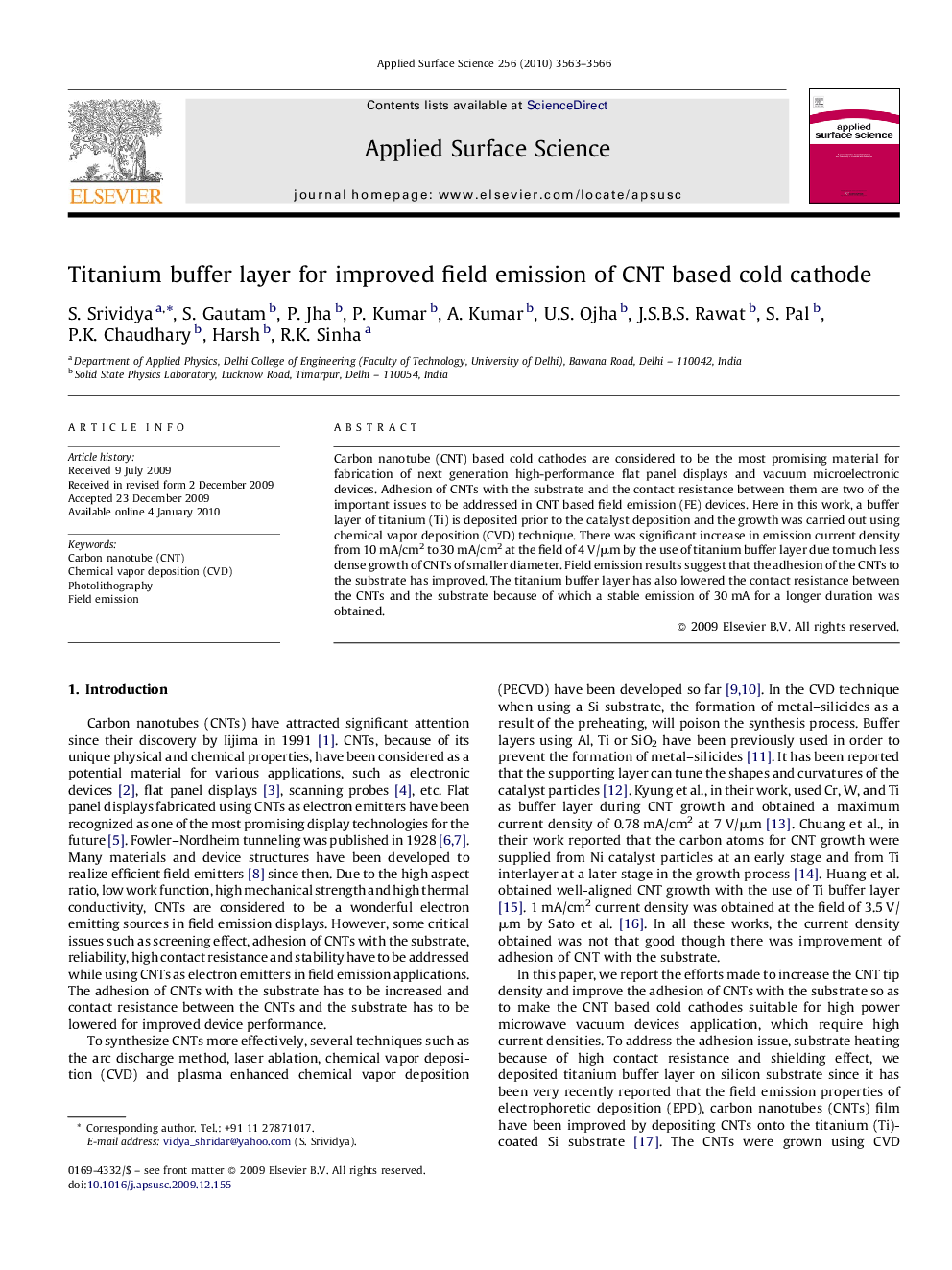 Titanium buffer layer for improved field emission of CNT based cold cathode