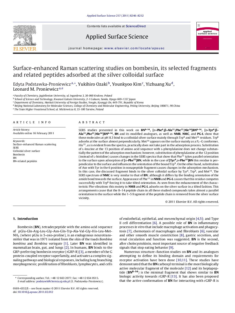 Surface-enhanced Raman scattering studies on bombesin, its selected fragments and related peptides adsorbed at the silver colloidal surface