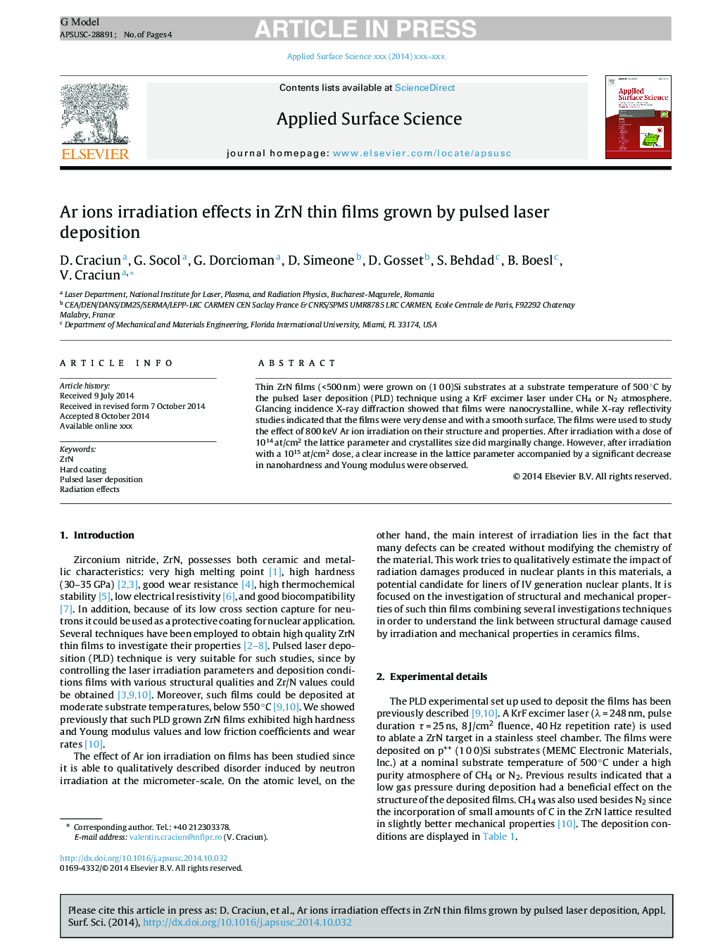 Ar ions irradiation effects in ZrN thin films grown by pulsed laser deposition