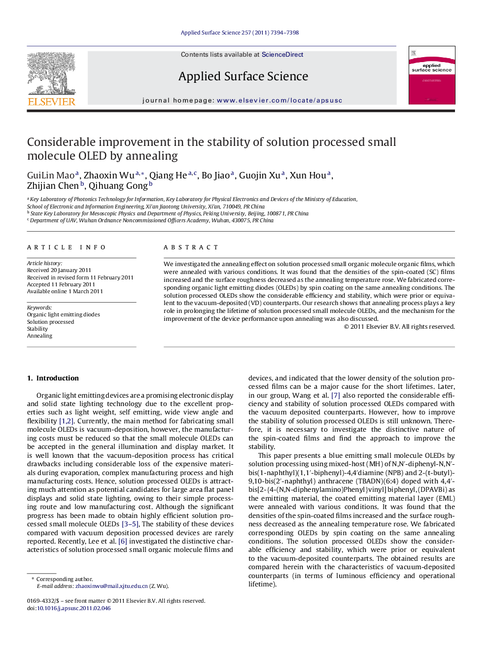 Considerable improvement in the stability of solution processed small molecule OLED by annealing