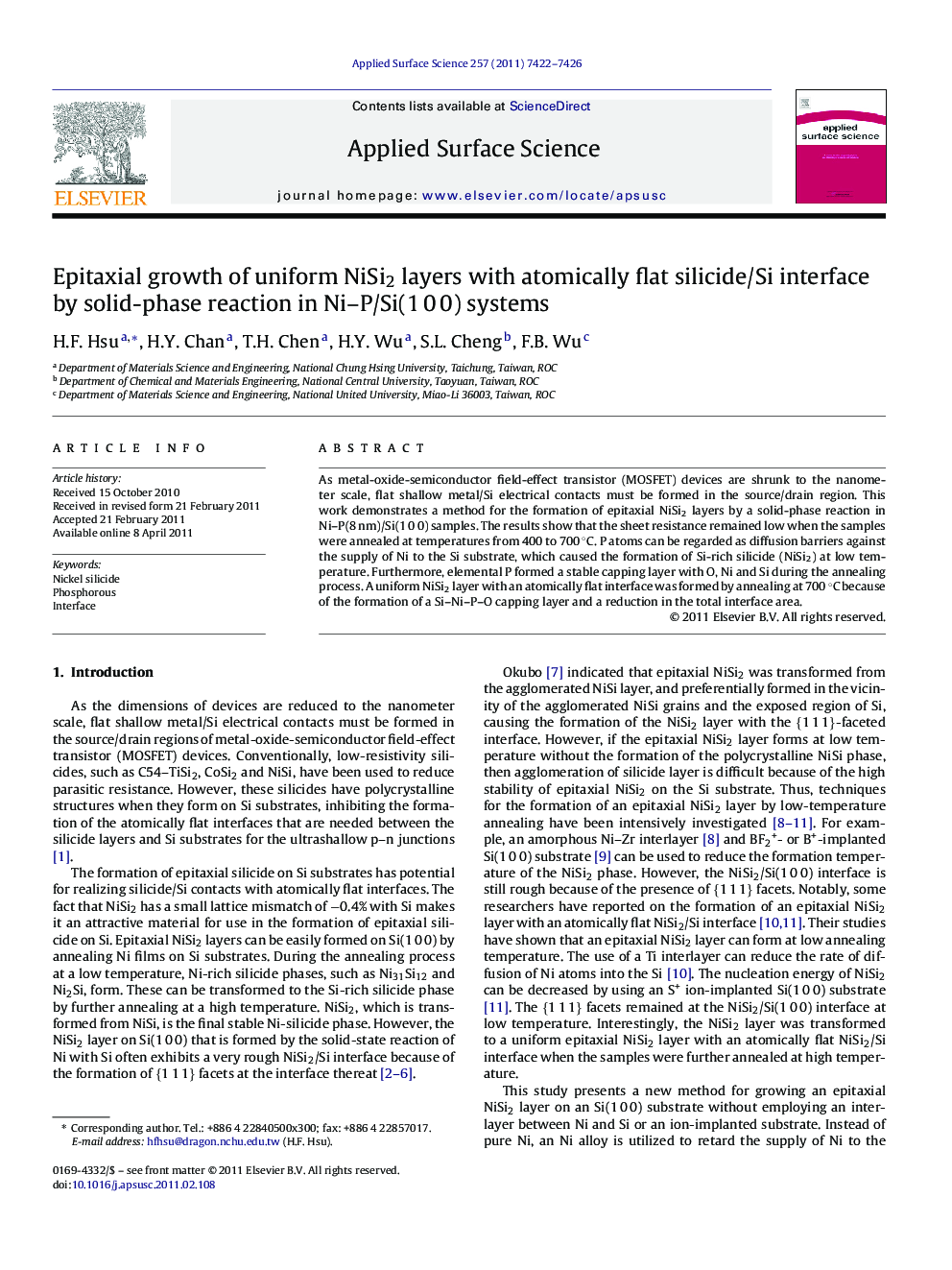 Epitaxial growth of uniform NiSi2 layers with atomically flat silicide/Si interface by solid-phase reaction in Ni-P/Si(1Â 0Â 0) systems