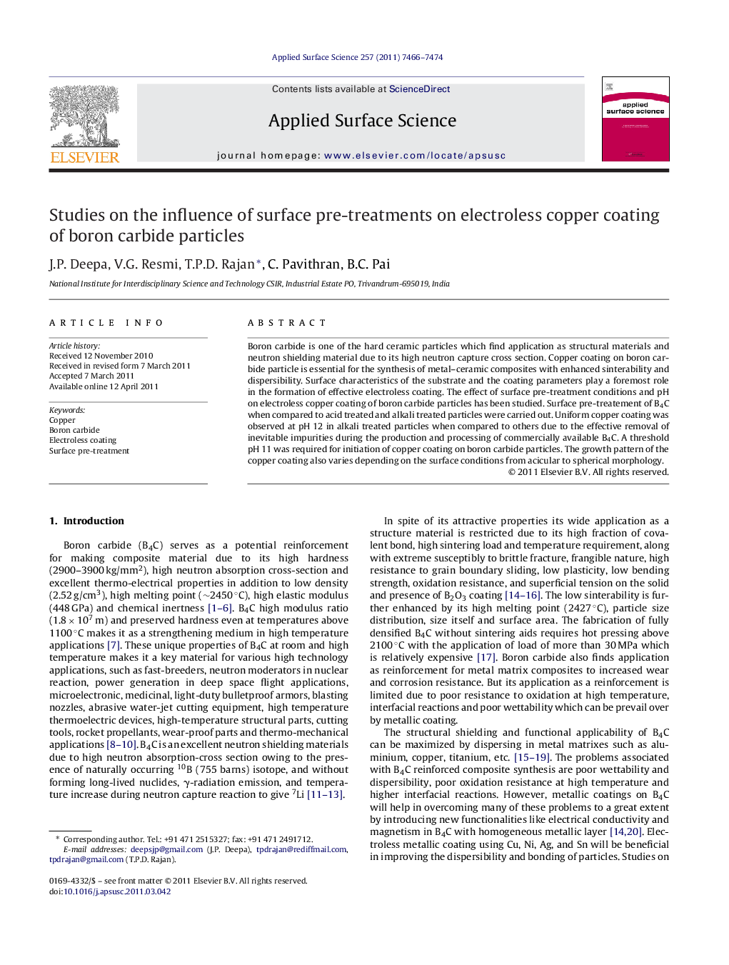 Studies on the influence of surface pre-treatments on electroless copper coating of boron carbide particles