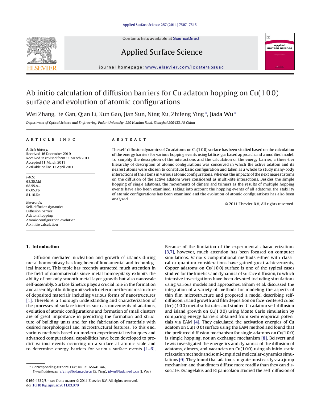 Ab initio calculation of diffusion barriers for Cu adatom hopping on Cu(1Â 0Â 0) surface and evolution of atomic configurations