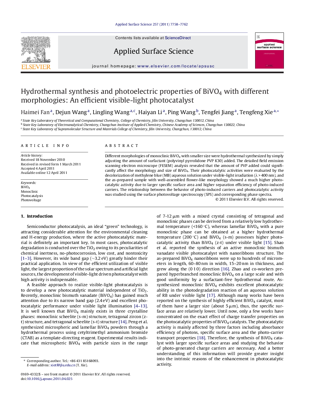 Hydrothermal synthesis and photoelectric properties of BiVO4 with different morphologies: An efficient visible-light photocatalyst