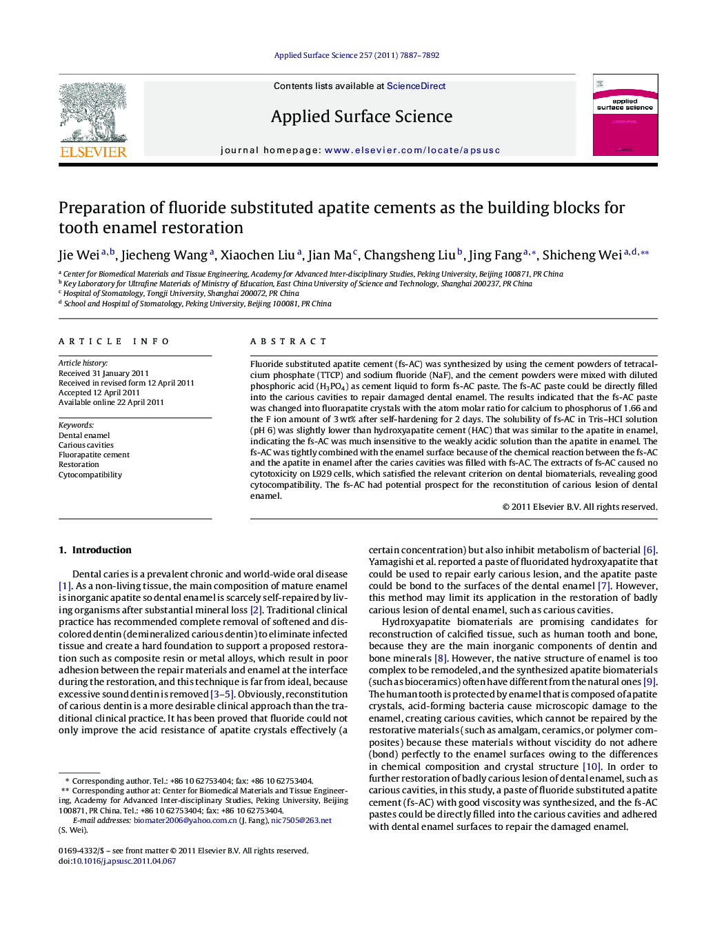 Preparation of fluoride substituted apatite cements as the building blocks for tooth enamel restoration