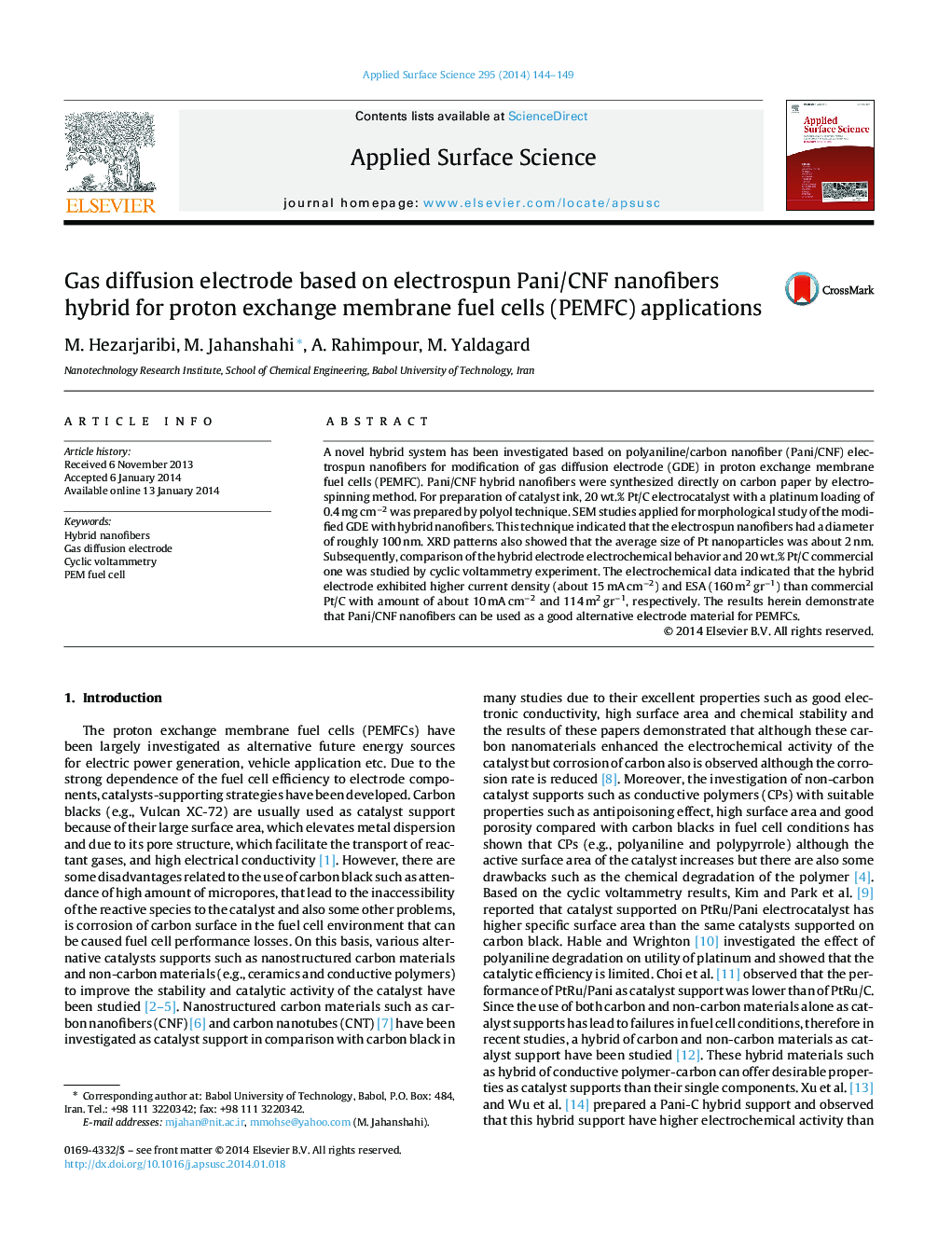 Gas diffusion electrode based on electrospun Pani/CNF nanofibers hybrid for proton exchange membrane fuel cells (PEMFC) applications