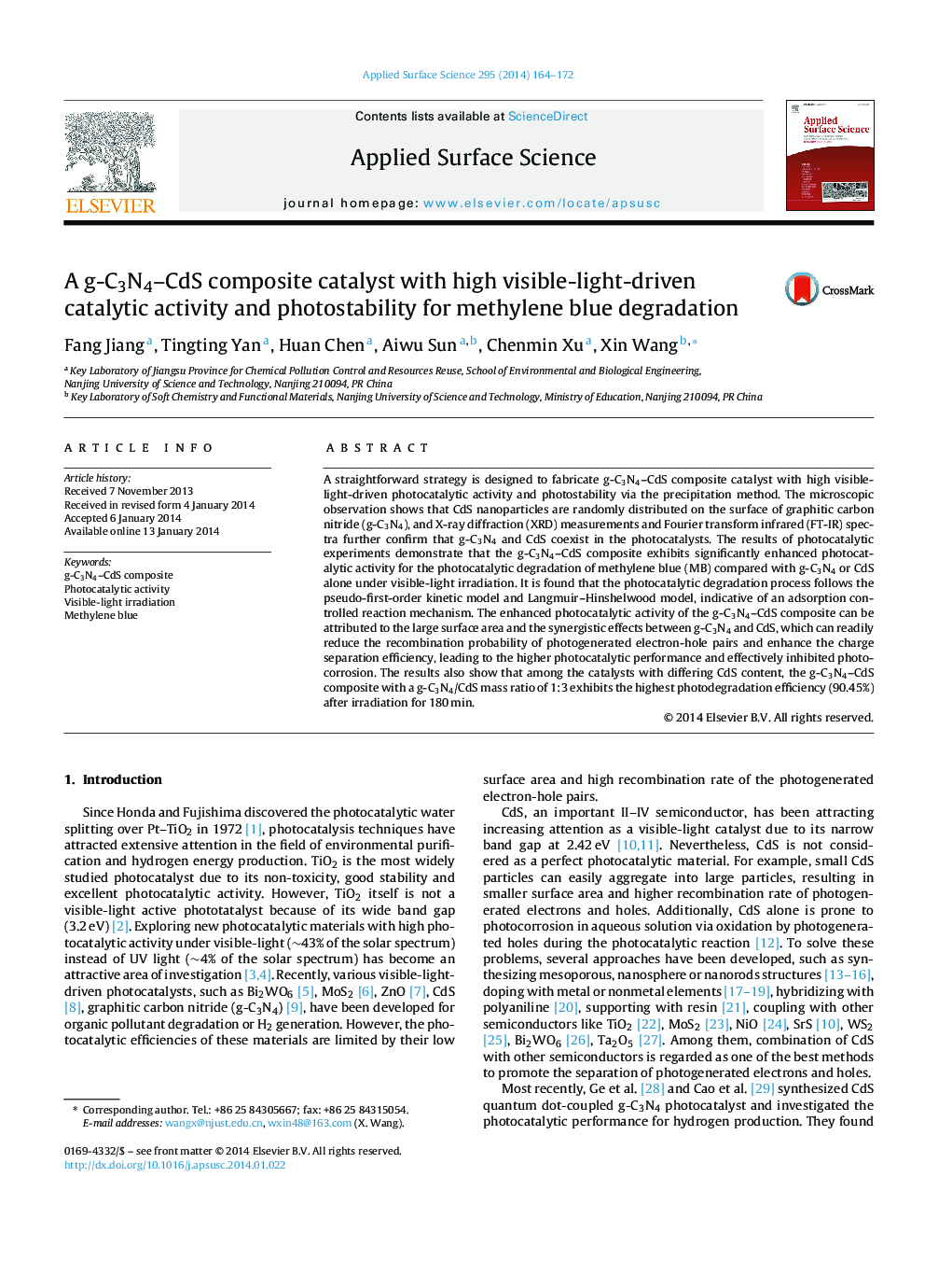 A g-C3N4-CdS composite catalyst with high visible-light-driven catalytic activity and photostability for methylene blue degradation