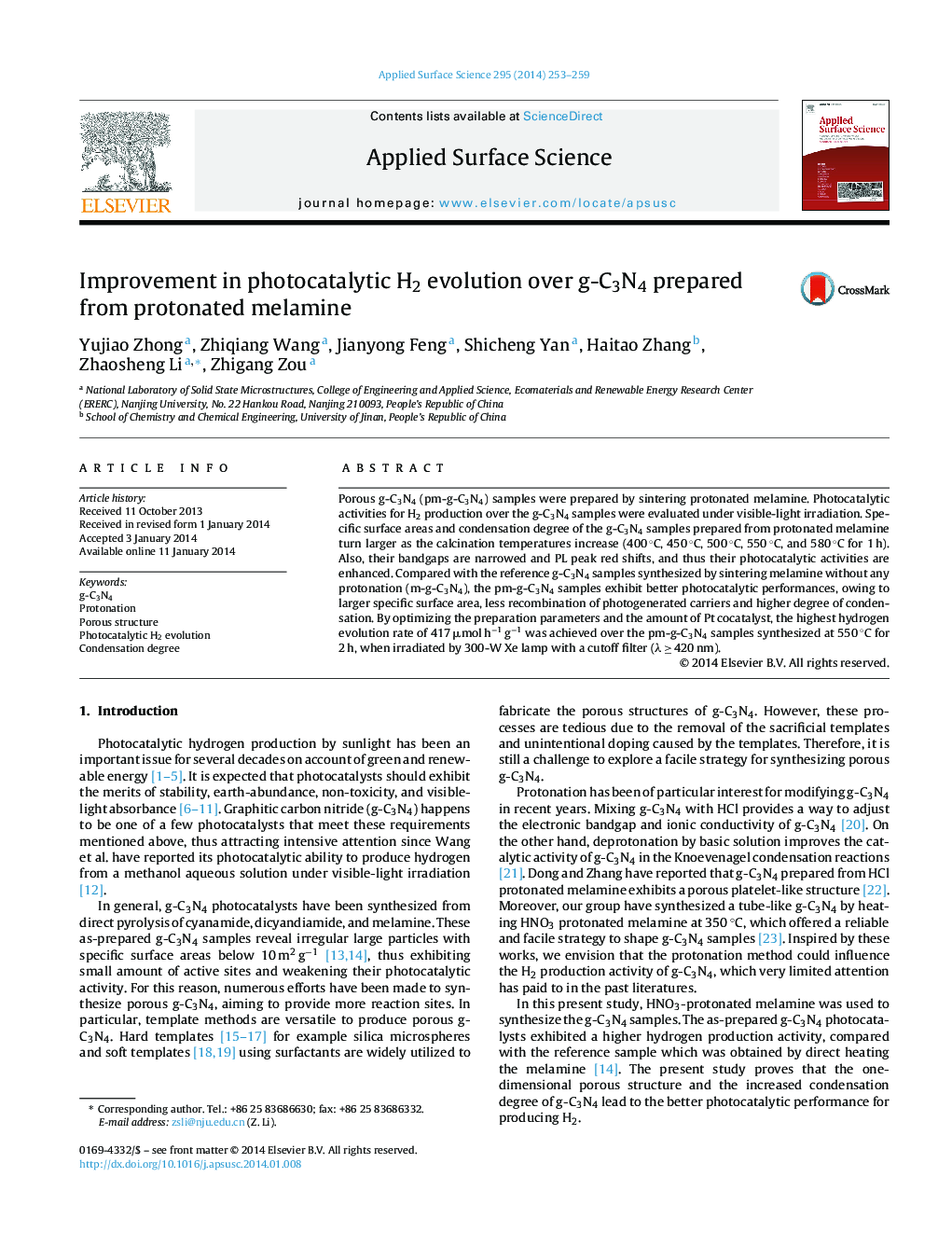 Improvement in photocatalytic H2 evolution over g-C3N4 prepared from protonated melamine