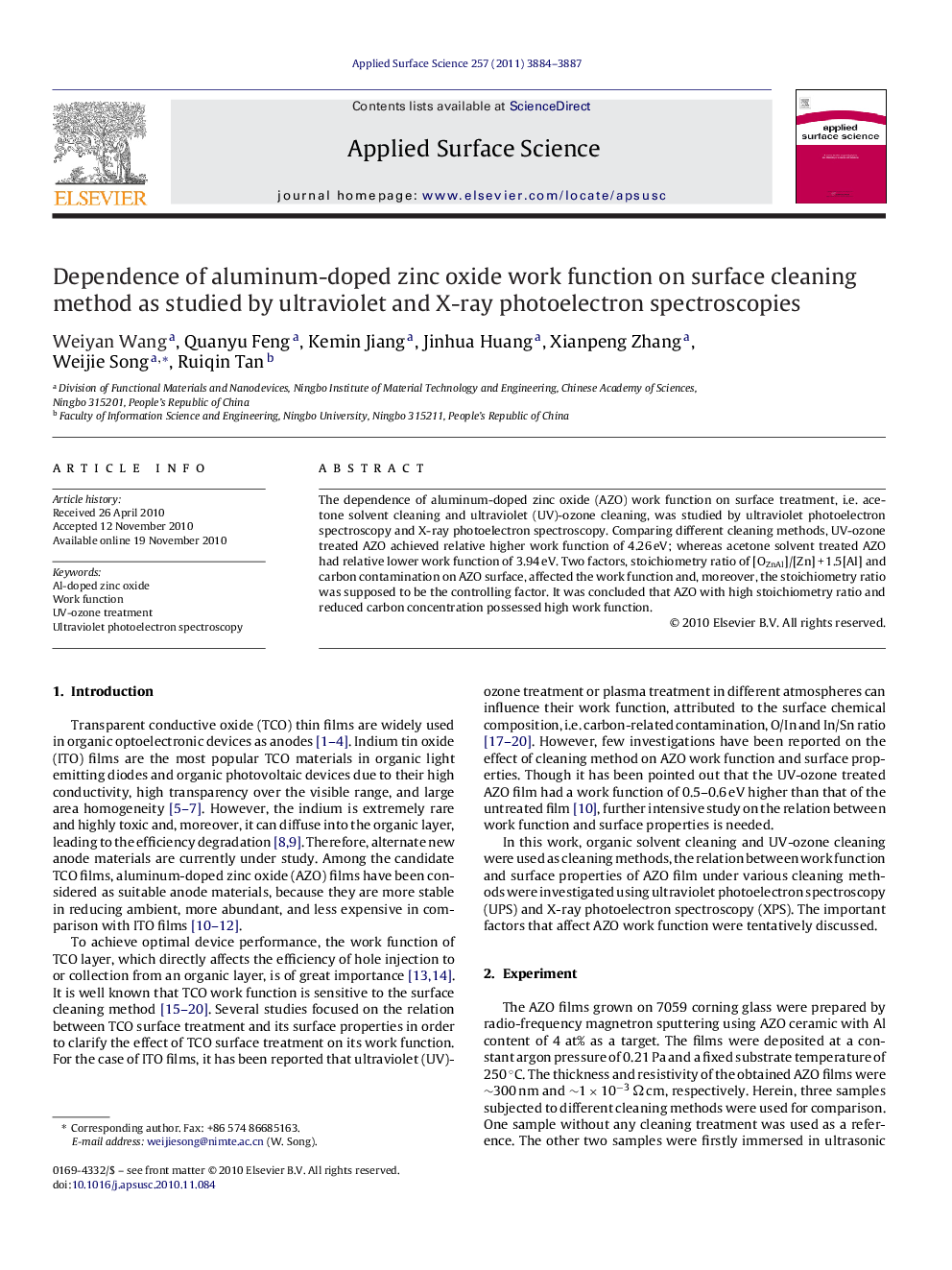 Dependence of aluminum-doped zinc oxide work function on surface cleaning method as studied by ultraviolet and X-ray photoelectron spectroscopies