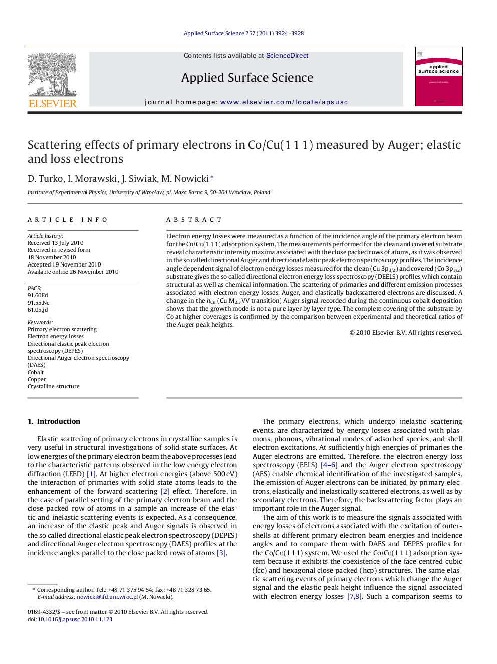 Scattering effects of primary electrons in Co/Cu(1Â 1Â 1) measured by Auger; elastic and loss electrons