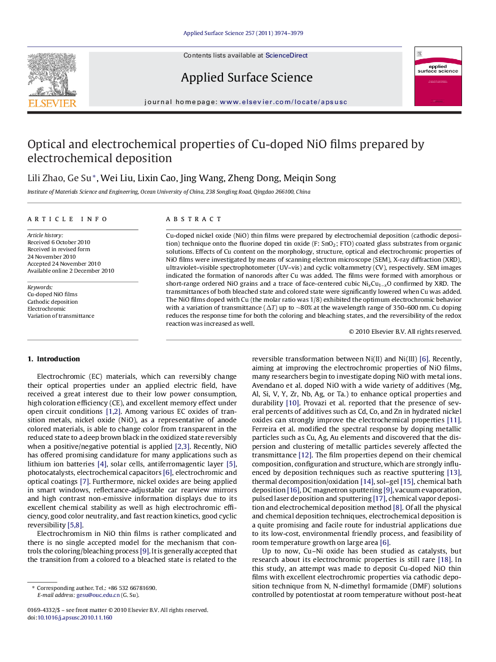 Optical and electrochemical properties of Cu-doped NiO films prepared by electrochemical deposition