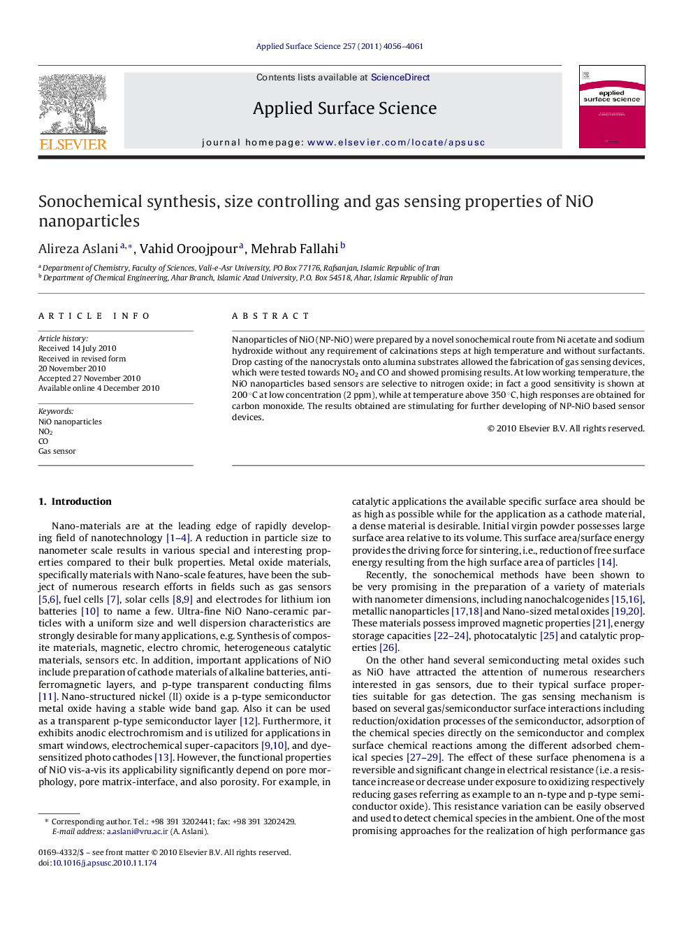 Sonochemical synthesis, size controlling and gas sensing properties of NiO nanoparticles