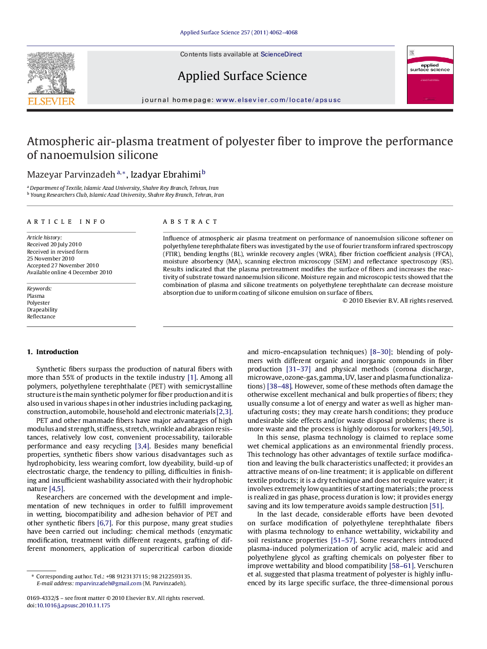 Atmospheric air-plasma treatment of polyester fiber to improve the performance of nanoemulsion silicone