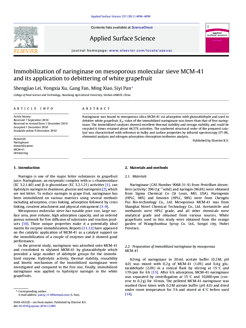 Immobilization of naringinase on mesoporous molecular sieve MCM-41 and its application to debittering of white grapefruit