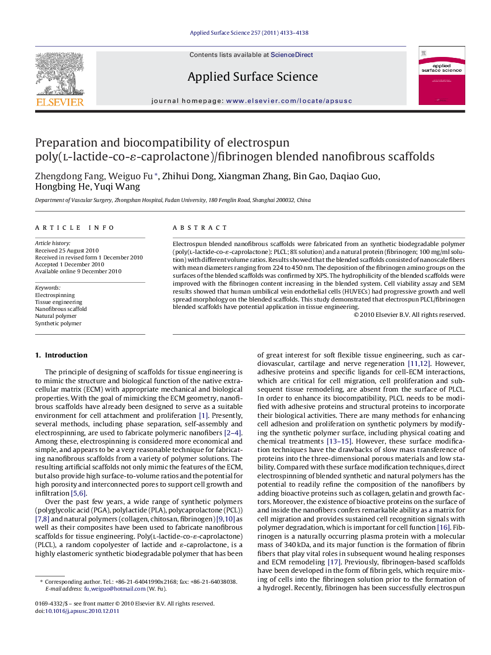 Preparation and biocompatibility of electrospun poly(l-lactide-co-É-caprolactone)/fibrinogen blended nanofibrous scaffolds