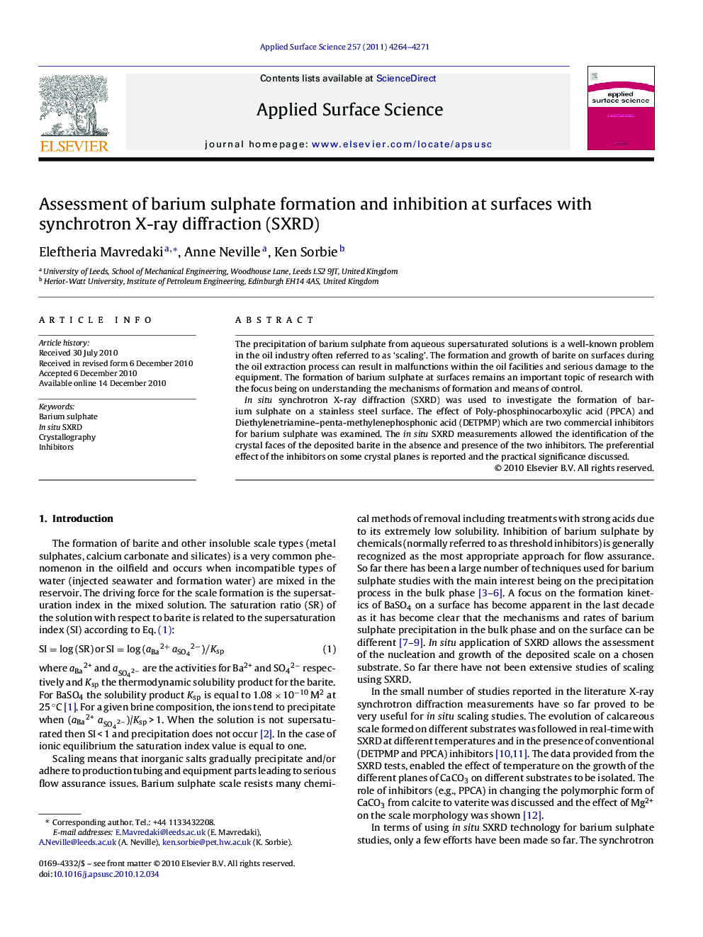 Assessment of barium sulphate formation and inhibition at surfaces with synchrotron X-ray diffraction (SXRD)