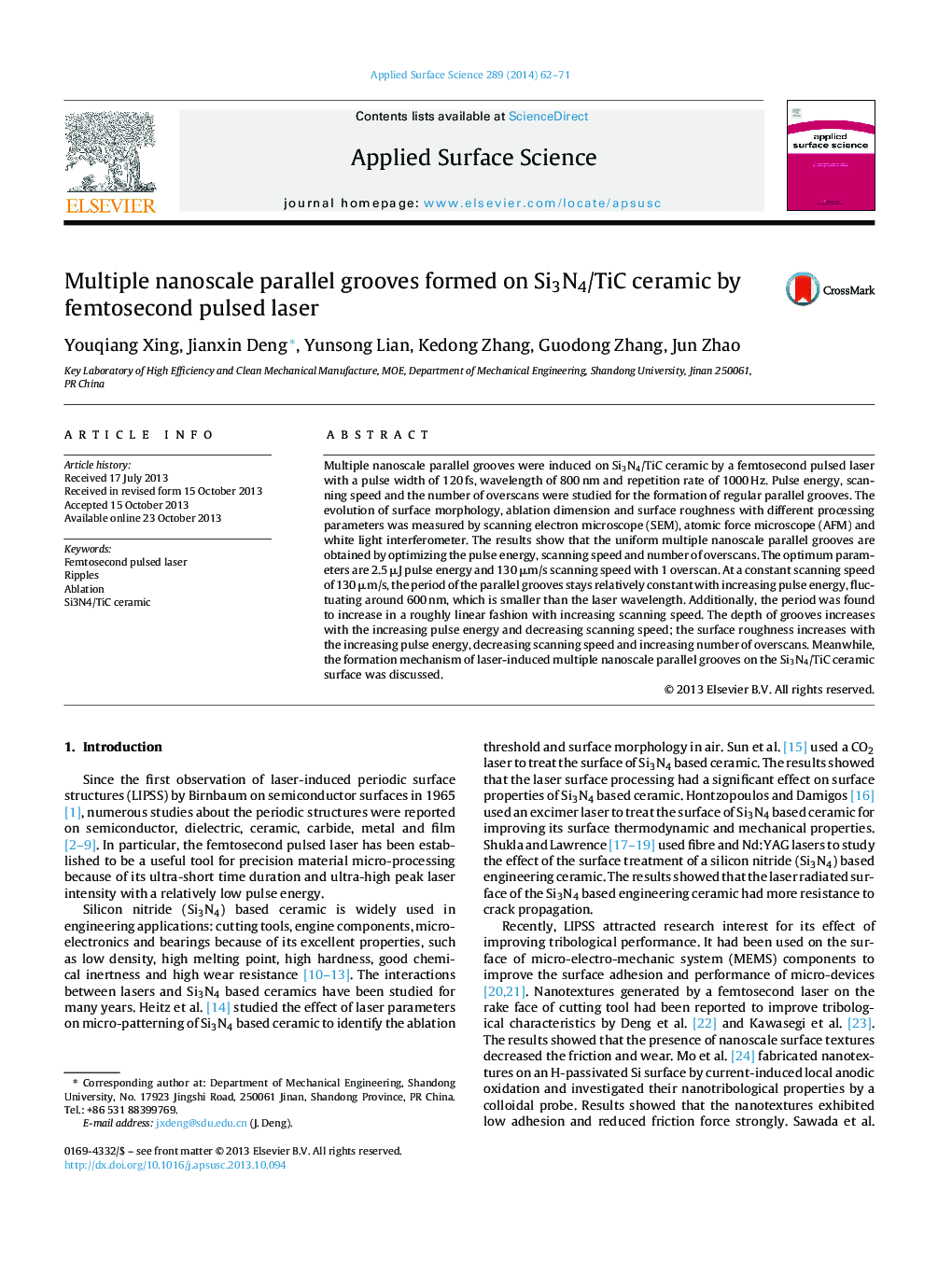 Multiple nanoscale parallel grooves formed on Si3N4/TiC ceramic by femtosecond pulsed laser