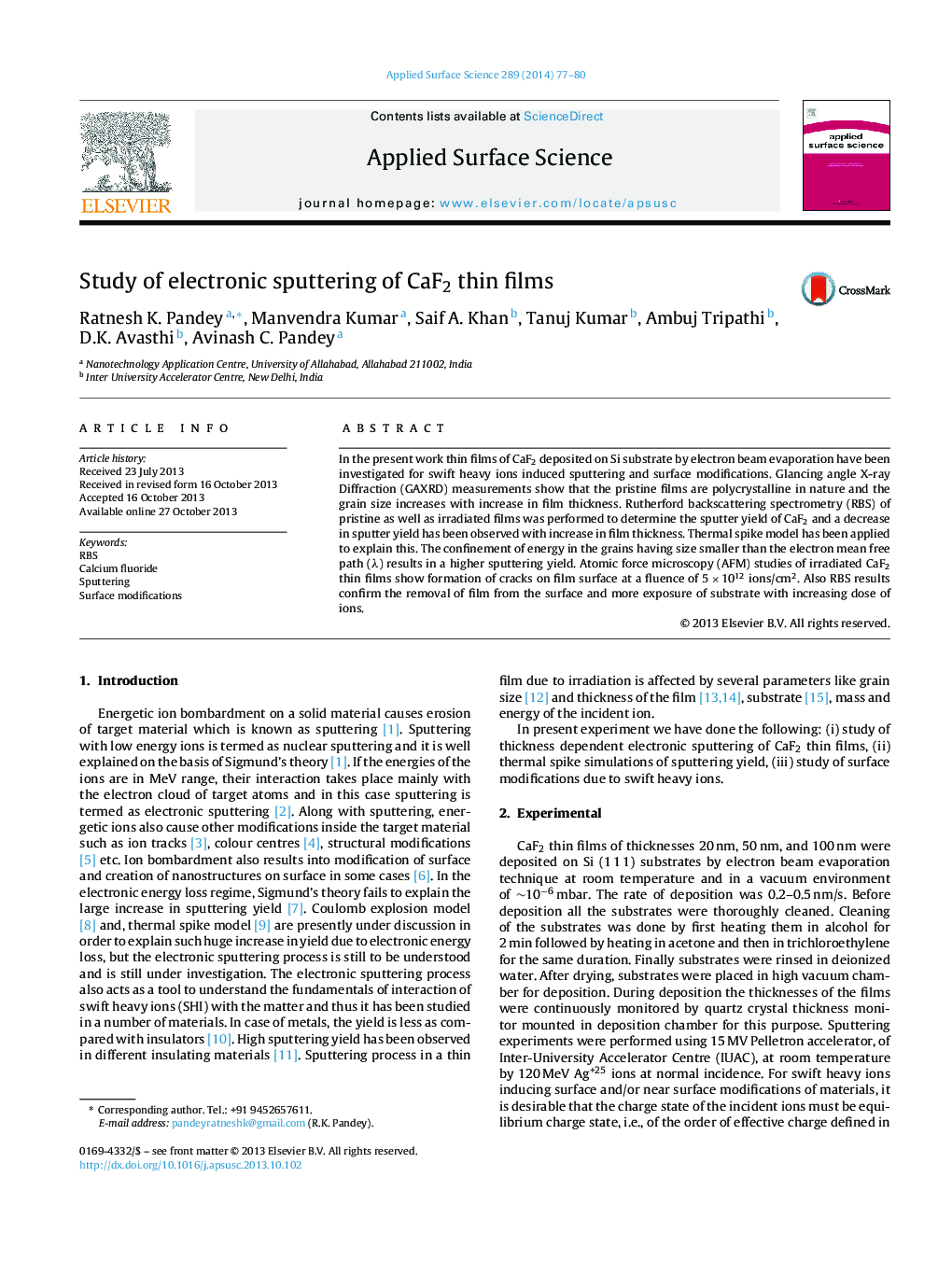 Study of electronic sputtering of CaF2 thin films