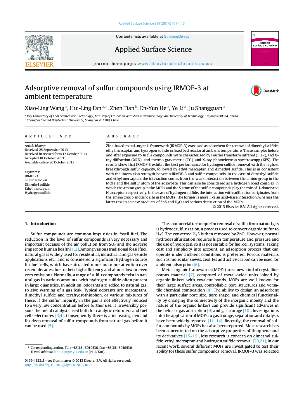 Adsorptive removal of sulfur compounds using IRMOF-3 at ambient temperature