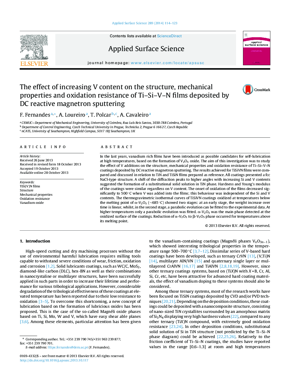 The effect of increasing V content on the structure, mechanical properties and oxidation resistance of Ti-Si-V-N films deposited by DC reactive magnetron sputtering