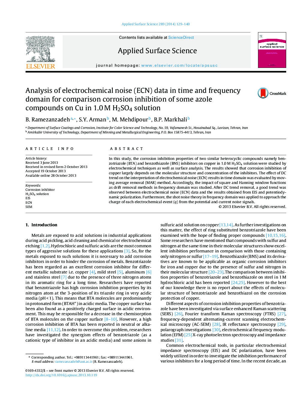 Analysis of electrochemical noise (ECN) data in time and frequency domain for comparison corrosion inhibition of some azole compounds on Cu in 1.0Â M H2SO4 solution