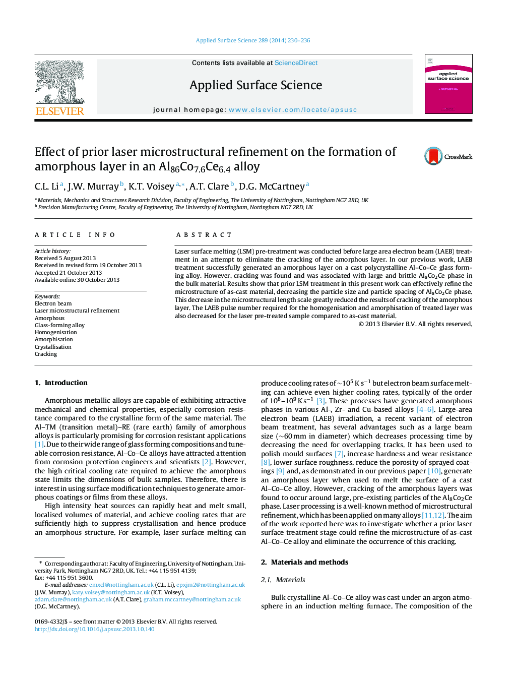 Effect of prior laser microstructural refinement on the formation of amorphous layer in an Al86Co7.6Ce6.4 alloy