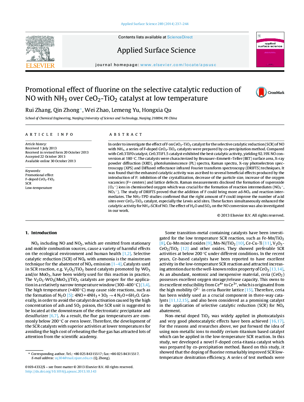 Promotional effect of fluorine on the selective catalytic reduction of NO with NH3 over CeO2-TiO2 catalyst at low temperature