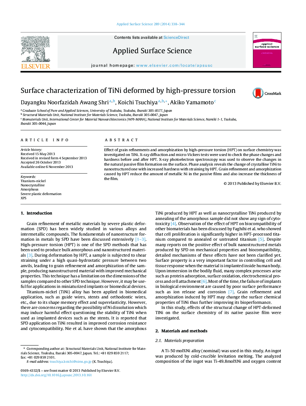 Surface characterization of TiNi deformed by high-pressure torsion