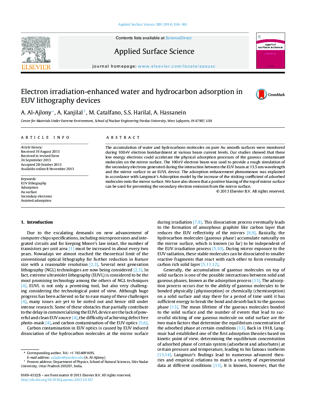 Electron irradiation-enhanced water and hydrocarbon adsorption in EUV lithography devices