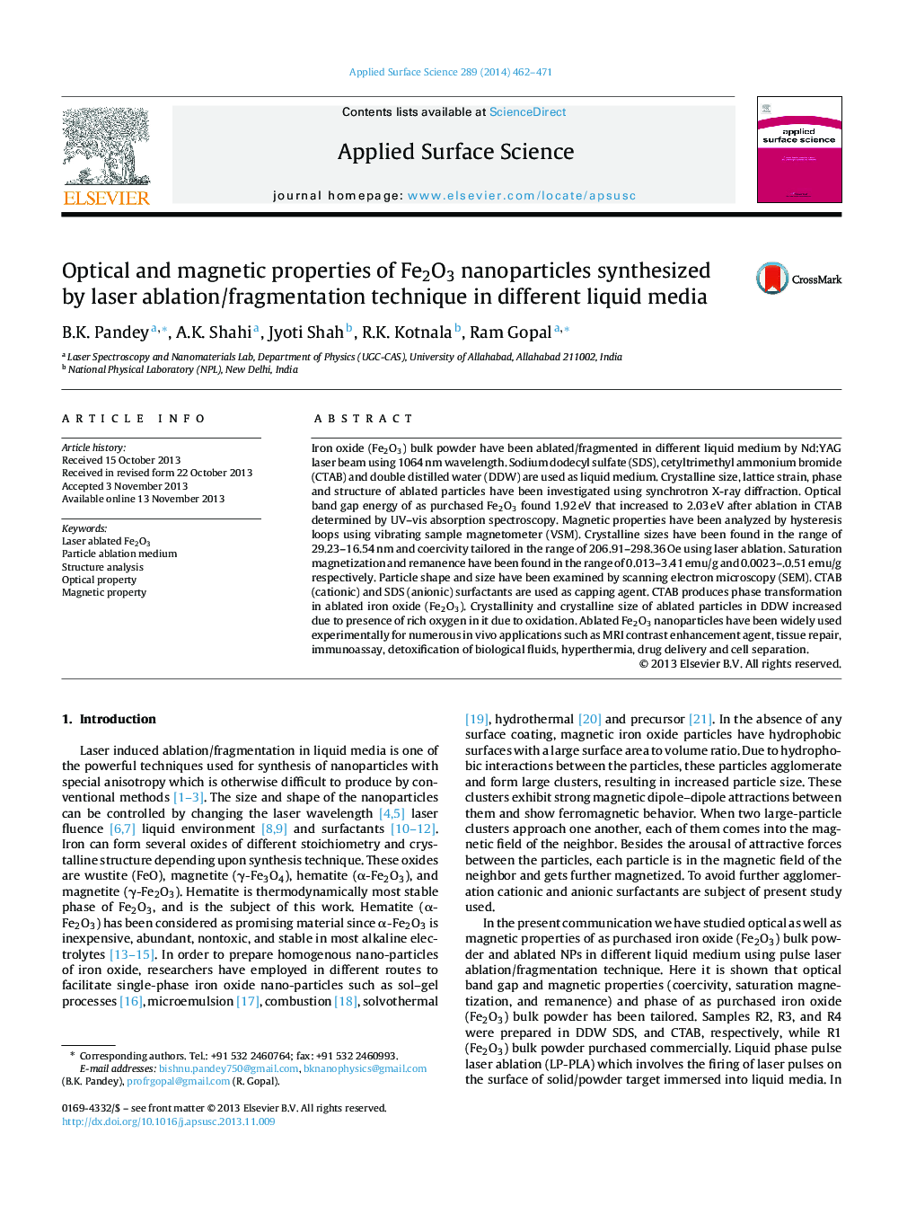 Optical and magnetic properties of Fe2O3 nanoparticles synthesized by laser ablation/fragmentation technique in different liquid media