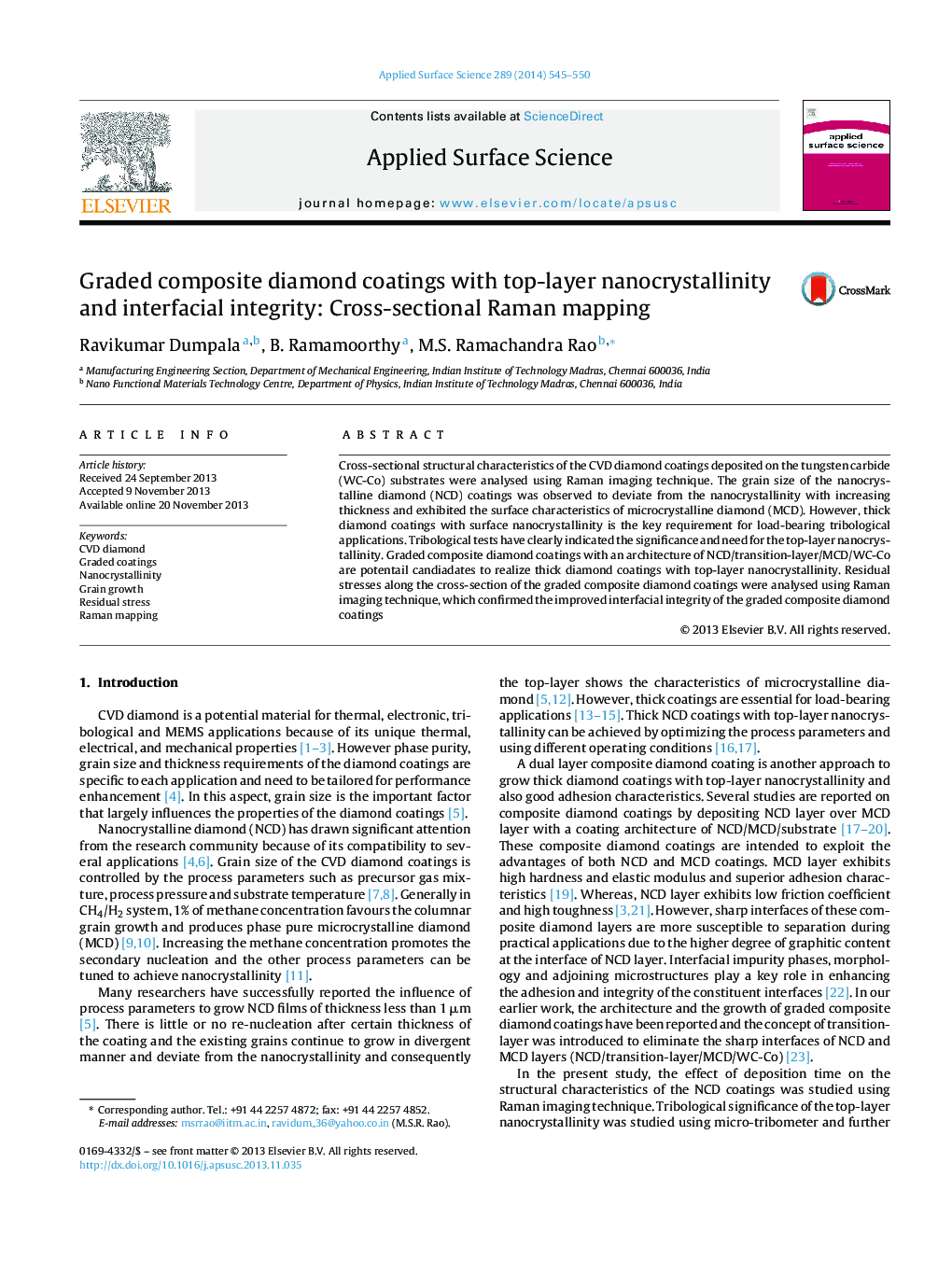 Graded composite diamond coatings with top-layer nanocrystallinity and interfacial integrity: Cross-sectional Raman mapping